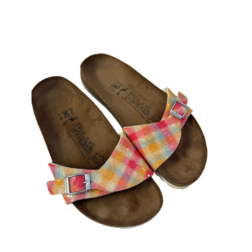 Birkenstock Birkis Menorca Plaid Pink Orange Slip On Sandals Sz 37/6 GS